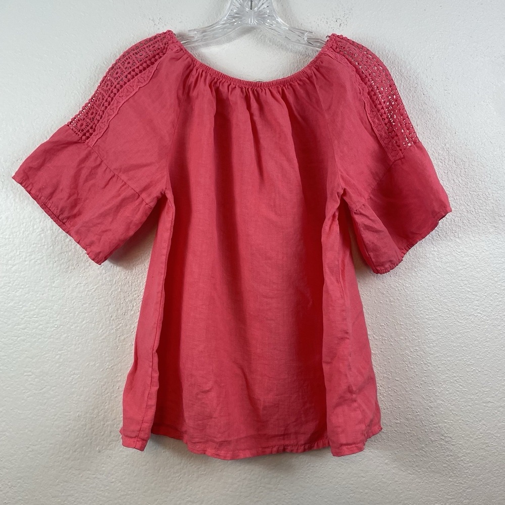 Terzo Millennio 100% Linen Top M Coral Crochet Lace Boho Peasant Blouse Italy